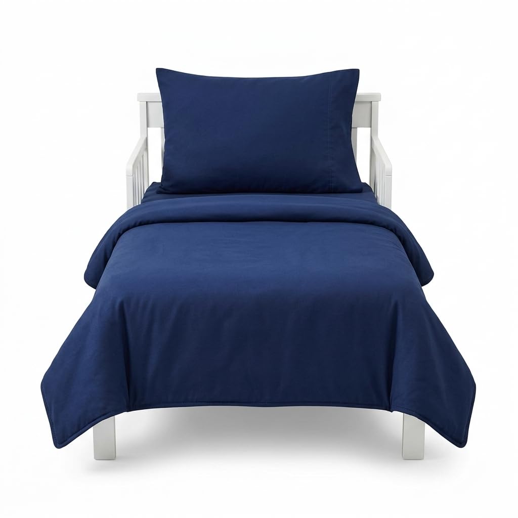 EVERYDAY KIDS 4 Piece Toddler Bedding Set - Includes Comforter, Flat Sheet, Fitted Sheet and Reversible Pillowcase - Solid Navy