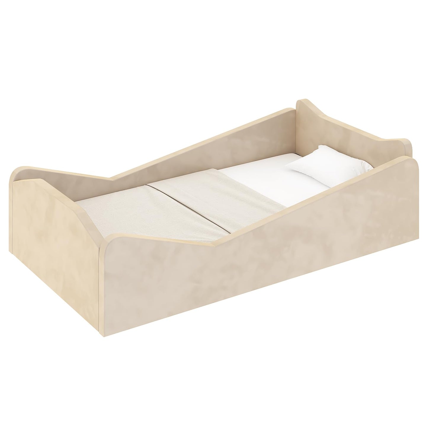 JOYMOR Toddler Bed, Floor Bed with Safety Guadrail, Montessori Toddler Bed with Animal Ear Shapes, Soft Velvet Wood Bed for Infant, Kids, Mattress not Included (Beige)