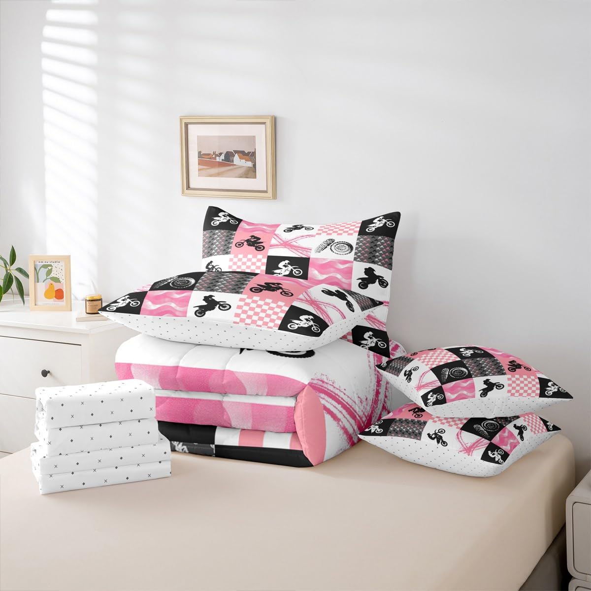 Erosebridal Motocross Twin Comforter Set 7 Pieces, Dirt Bike Bed in A Bag, Motorcycle Rider Bedding Set with Comforters, Sheets, Pillowcases Motorbike Extreme Sport Game Bedroom Decor