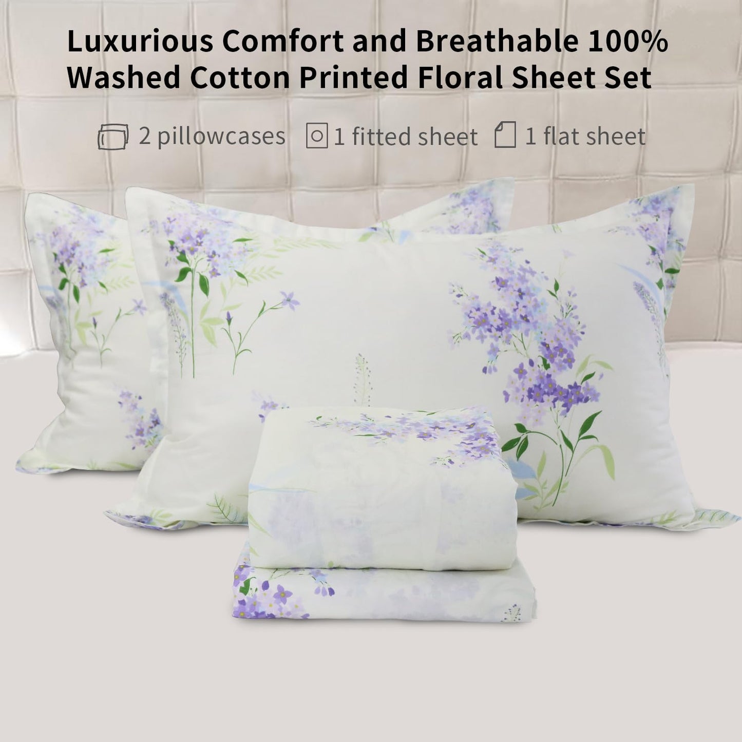Helthep Floral Sheet Set King, Ultra-Soft and Breathable Cotton Sheet Set with Deep Pocket Fitted Sheet, Flat Sheet and Pillowcases, 4-Piece King Size