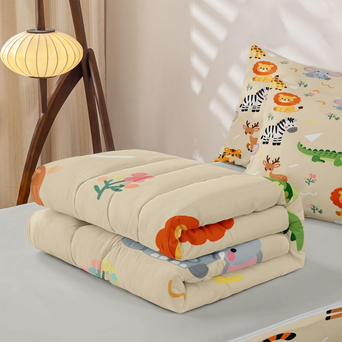 Erosebridal Kids Zoo Animal Zipper Bedding Nursery Cute Wild Animals Zippable Comforter Set Lion Elephant Crocodile Wildlife Bed in a Bag Twin Size Safari Wild Print Natural Theme Zip Up Bed Set