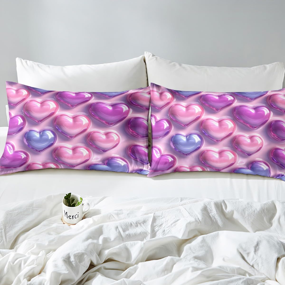 Erosebridal Love Heart Flat Fitted Sheet Full Kawaii Decor Bed Set for Girls, Cute Lovely Bed Sheets Set for Kids Adult Bedroom Decor,Pink Purple Soft Microfiber Bedding Sets with 2 Pillow Cases