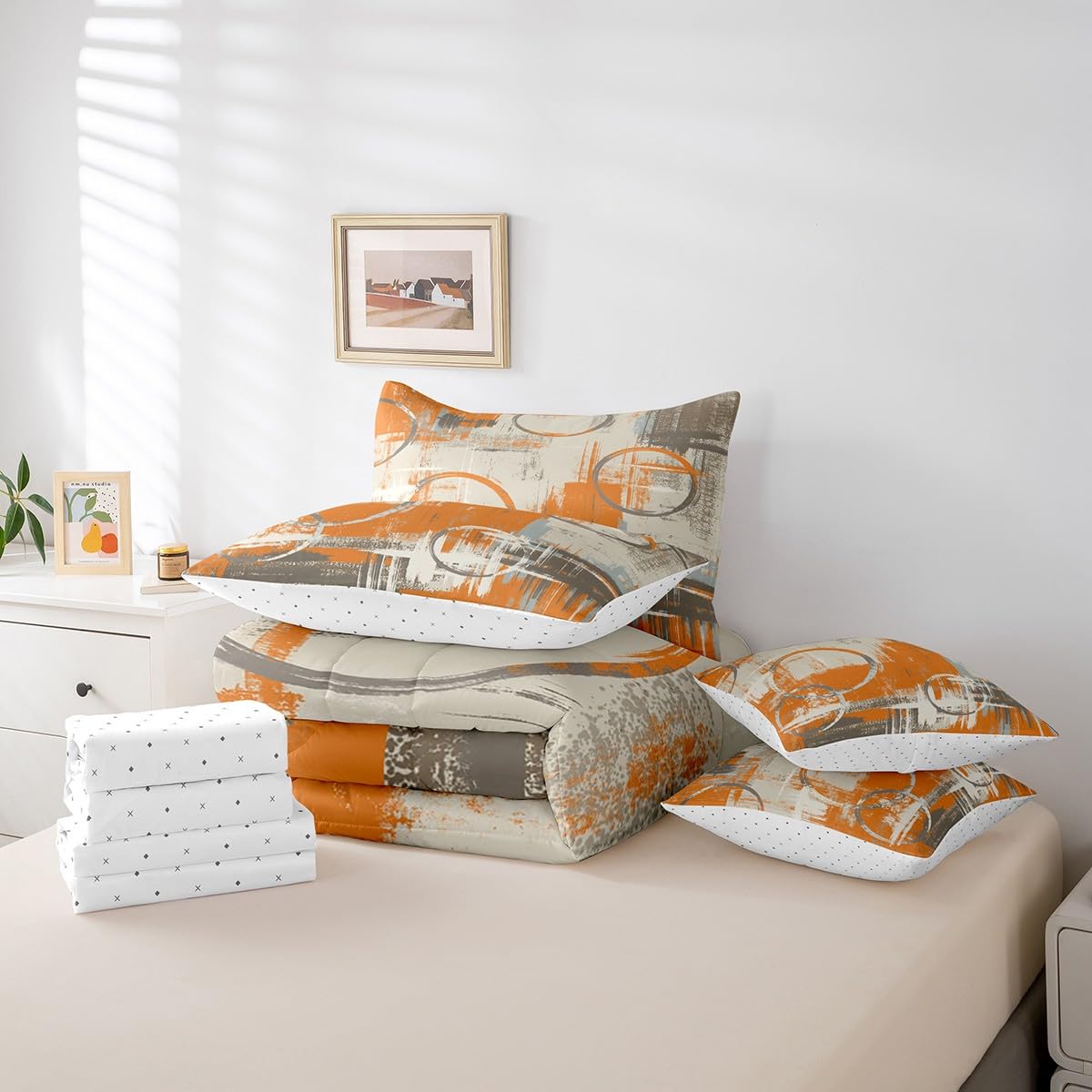 Feelyou Geometric 7 Piece Bedding Set Full Size for Kids Boys Girls Teens Toddler Modern Abstract Art Comforter Set with Sheets Orange Bed in a Bag Tie Dye Bed Set