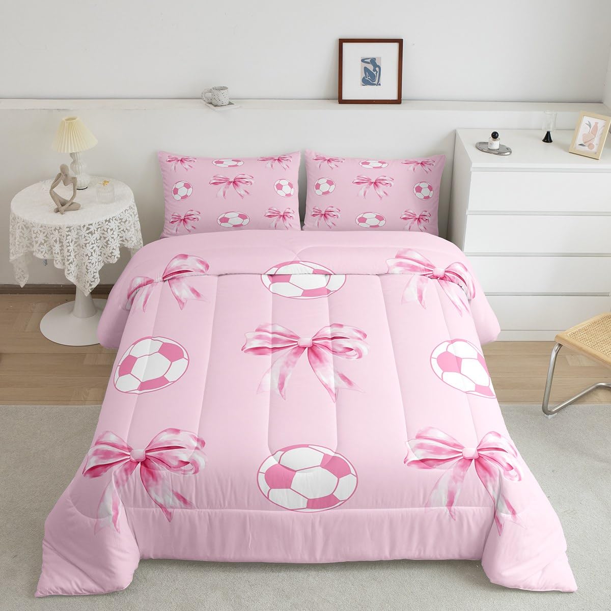 Football Pink Comforter Sets Full Size,Girly Soccer Bow Bedding Sets,Cute Bowknot Princess Style Quilted Duvet for Kids Teens Girls Woman Room Decor,Sport Lover Duvet Insert,2 Pillowcases