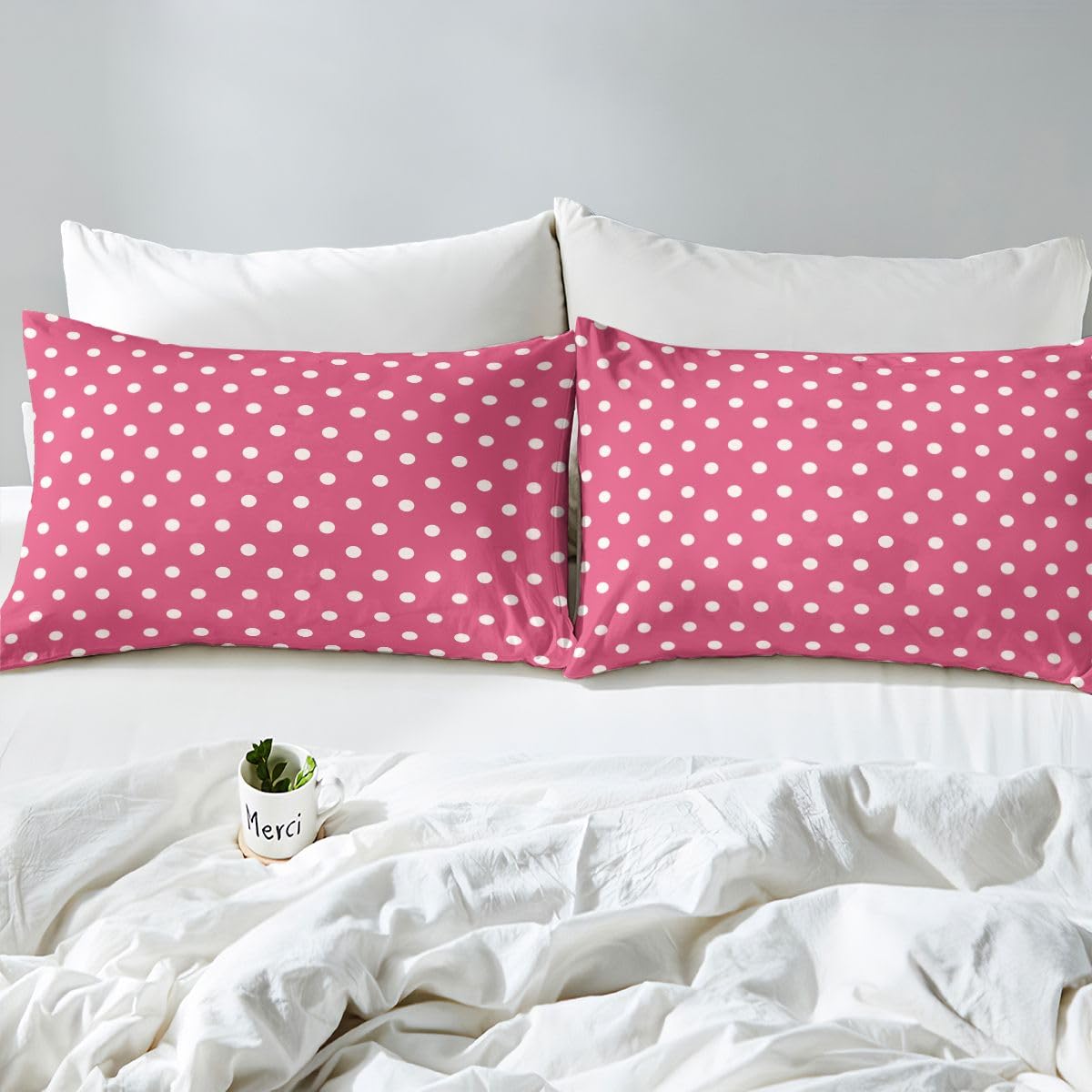 jejeloiu Pink White Polka Dot Fitted Sheet with 2 Pillowcases Full Size Retro Cute Polka Dot Bed Sheets Set 16" Deep Pocket Boys Girls Geometric Bedding Luxury Teens Bedroom Decor Breathable Soft