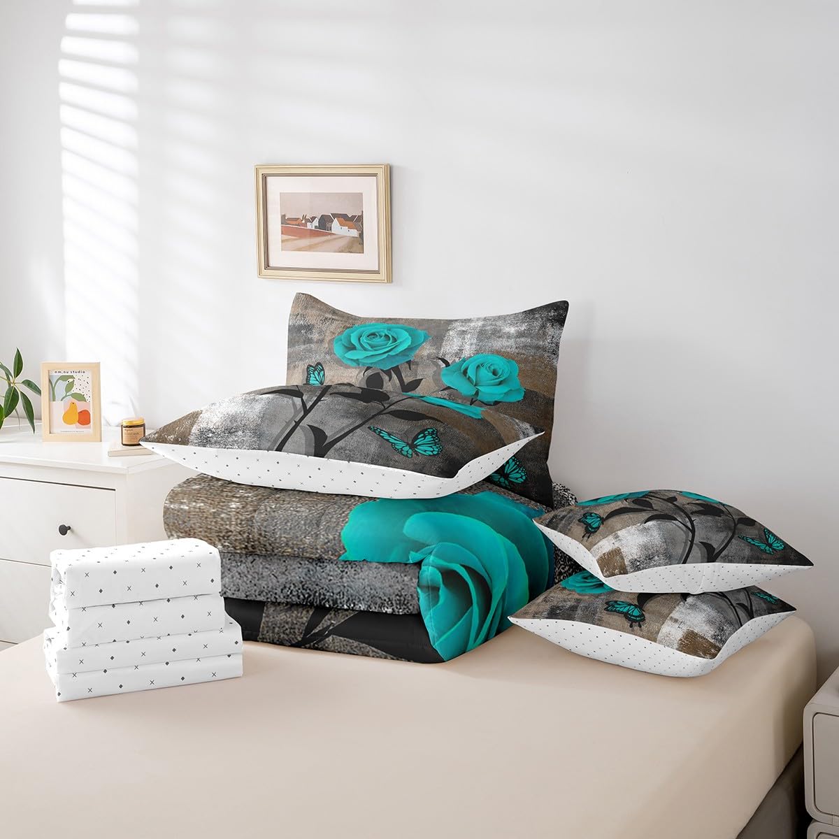 Erosebridal Grey Ombre Comforter Set Queen,Romantic Rose Butterfly Bedding Set,Grunge Watercolor Bed in a Bag,(1 Comforter,2 Pillowcases,1 Flat Sheet,1 Fitted Sheet,2 Throw Pillow Covers)