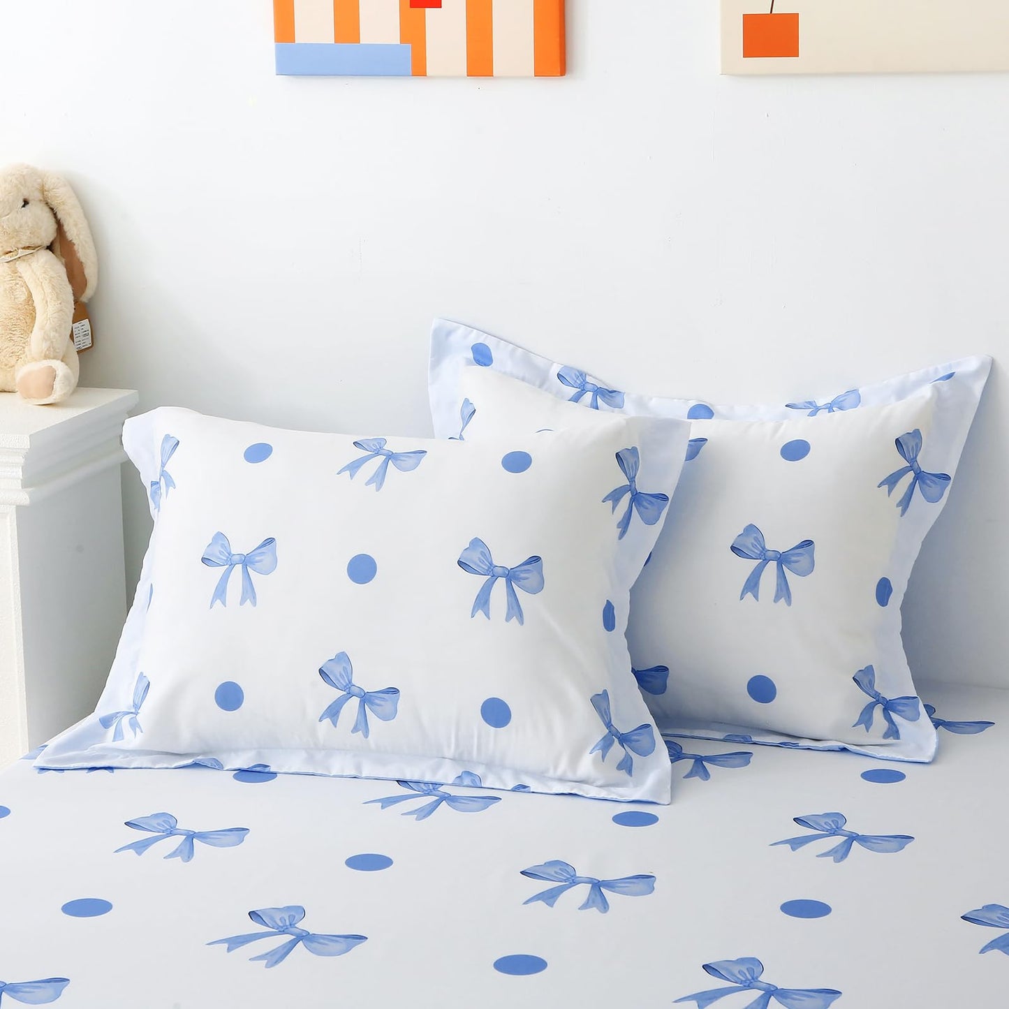 Wajade 7 Piece Blue Bow Comforter Set for Girls Kids Queen Size Bedding Set with Sheet and 2 Pillowcases 2 Pillow Shams Cute Girls Bed in a Bag as Birthday Choice