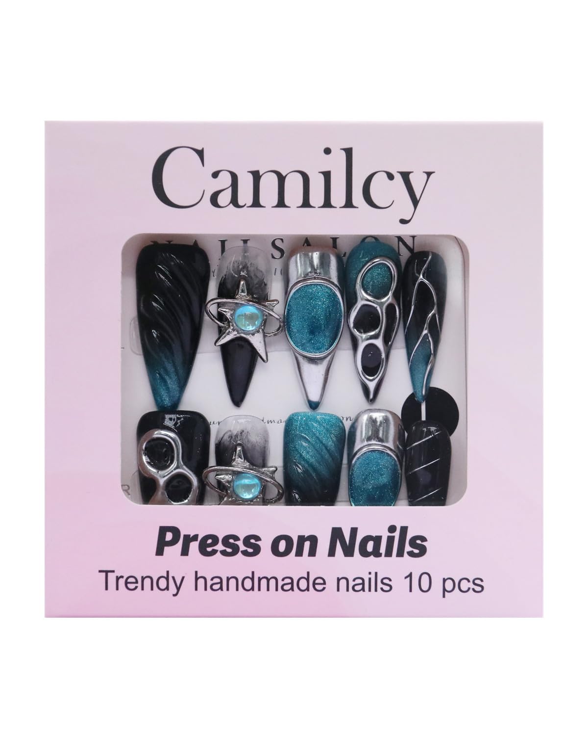 CAMILCY Luxury Handmade Press on Nails Long Stiletto Blue Black Chrome 3D Star Charm Glossy Gothic Fake Nails Reusable Acrylic Nail Tips for Women 10pcs (A036,M)