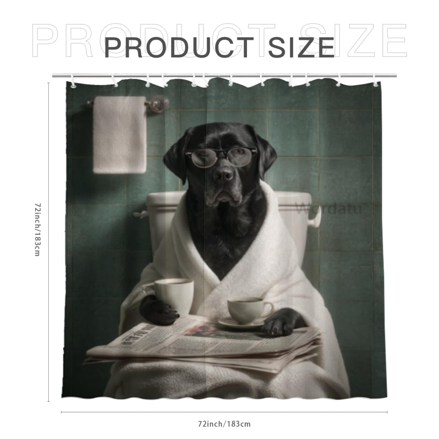 Wordatu Funny Black Labrador Dog Bathroom Curtain, Cute Dogs Reading Newspaper on Toilet, Washable Cloth Kids Shower Curtain Set 72X72 Inches with 12 Hooks