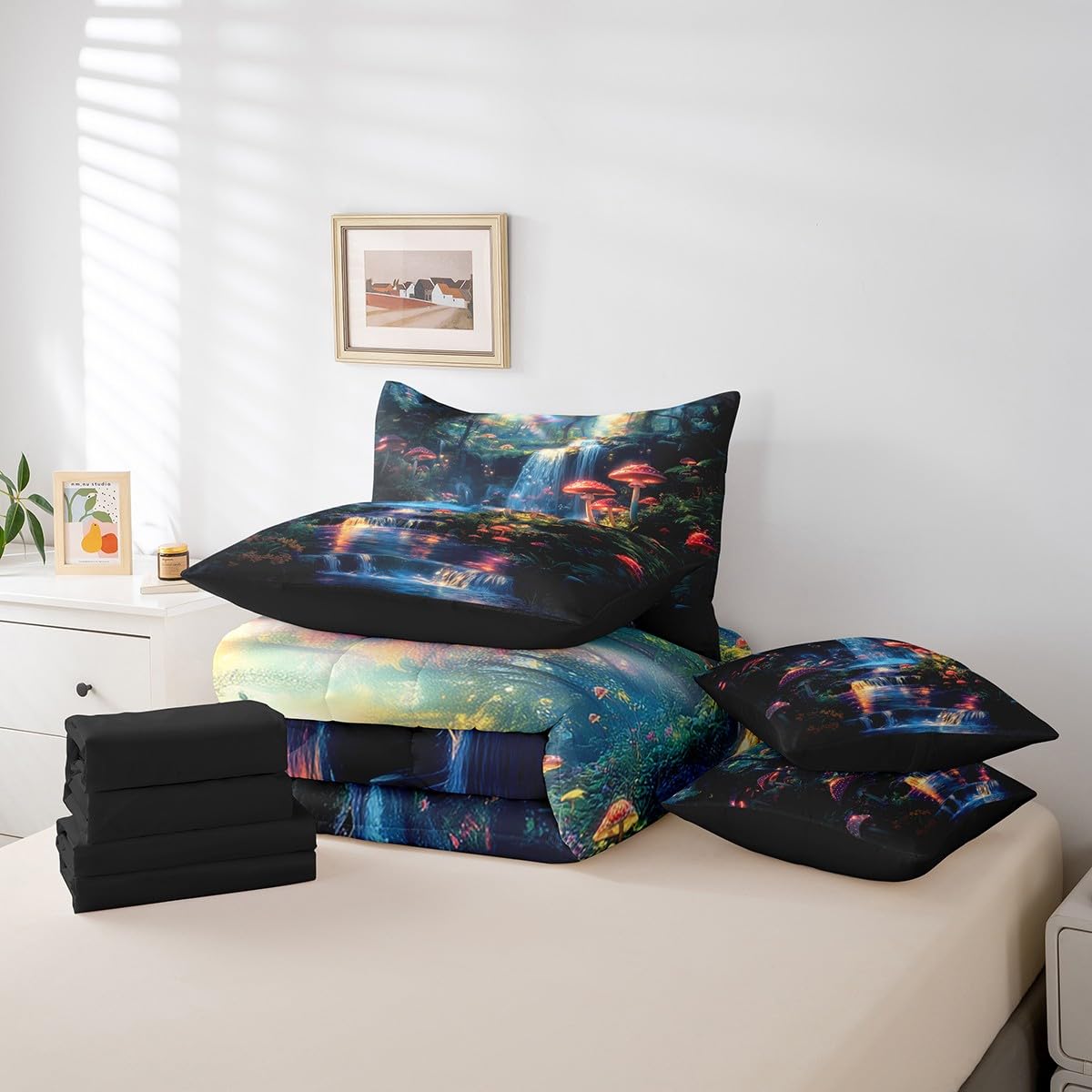 jejeloiu Cute Mushroom Comforter Set with Sheets Twin Size Kids Cartoon Mushrooms Tree 7 Pieces Bedding Set for Boys Girls Teens Waterfall Dreamy Bed in a Bag Breathable Nature Landscape Bed Set