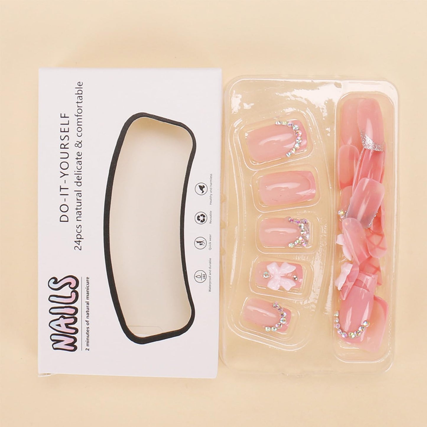 24Pcs Handmade Press on Nails Short Square with Charms Pink Bow Fake Nails French Nails Press ons 3D Rhinestone Sparkling Design Cute Bow Stick on Nails Tip Shiny for Women Daily Wear