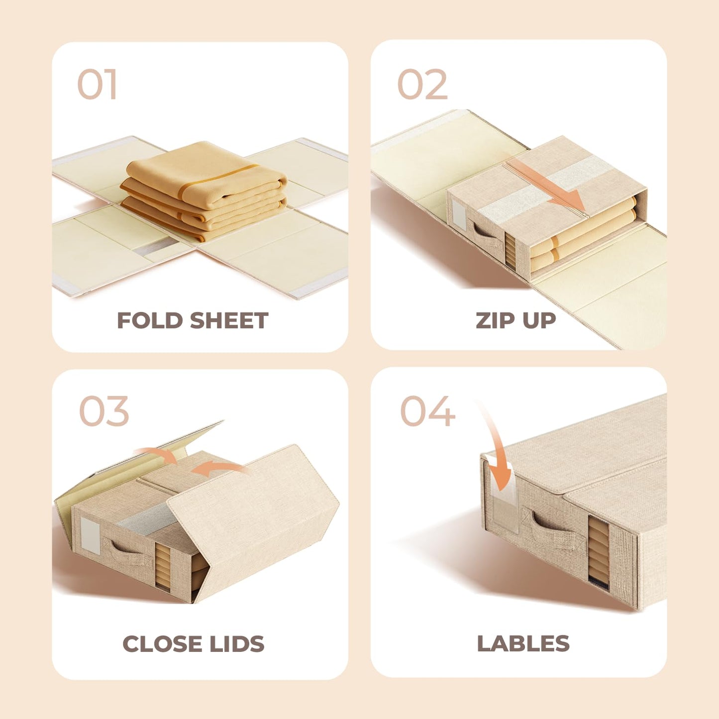 4 Pack Sheet Storage Organizer (King & Queen Size) with handle, Foldable Sheet Set Organizer for Linen Closet, Sheet Organizer for Blanket, Coverlet and Towel, Beige