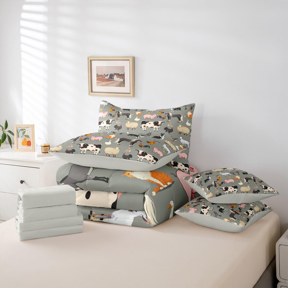 Erosebridal Farm Animals Comforter Sets with Sheets, Cartoon Animal 7 Piece Bedding Set for Kids Boys Girls Cute Farmhouse Animal Bed in A Bag Funny Horse Sheep Cow Bed Set Queen, Grey