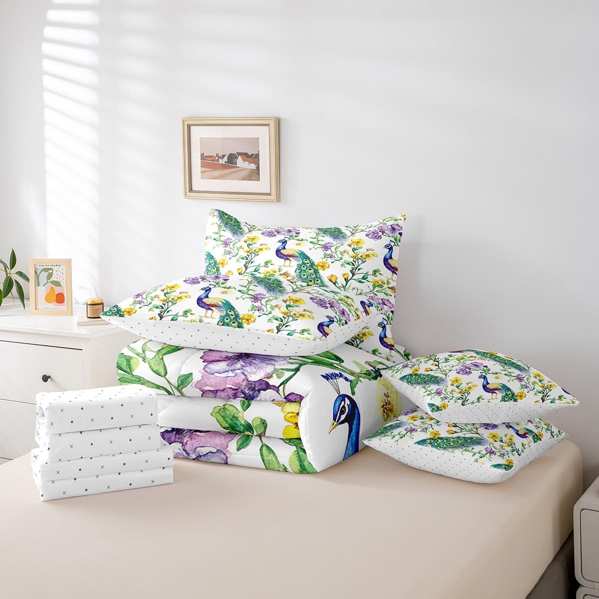 jejeloiu Peacock Comforter Set 7 Pieces Full Size Kids Floral Flower Bed in a Bag for Boys Girls Royal Peacock Bird Bedding Set Green,Comforter + Sheets + Pillowcases + Cushion Covers
