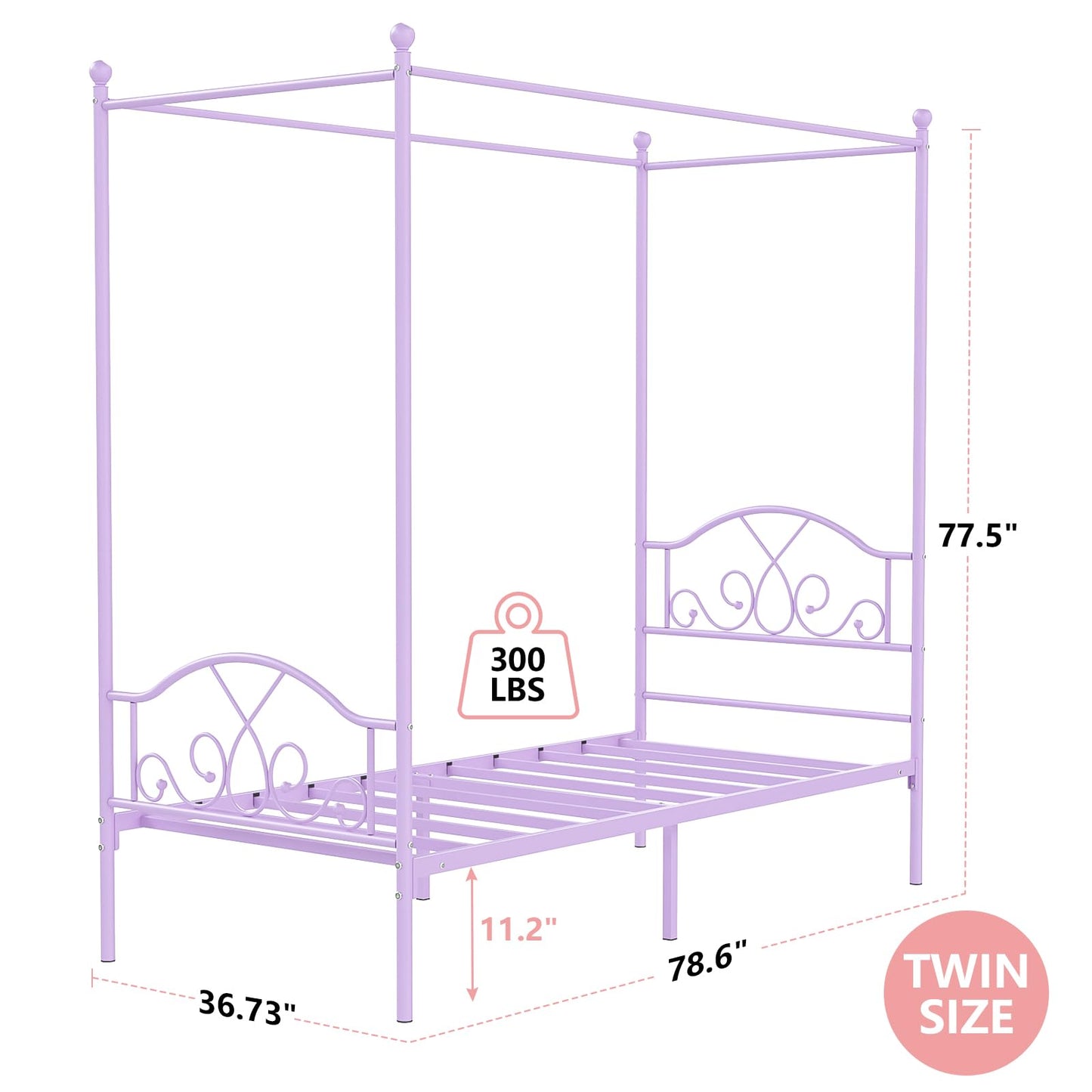 Weehom Princess Canopy Bed Frame with 4 Posters, Sturdy Metal Platform with Headboard&Footboard No Box Spring Needed Twin Size Bed for Kids Girls Adults,Purple