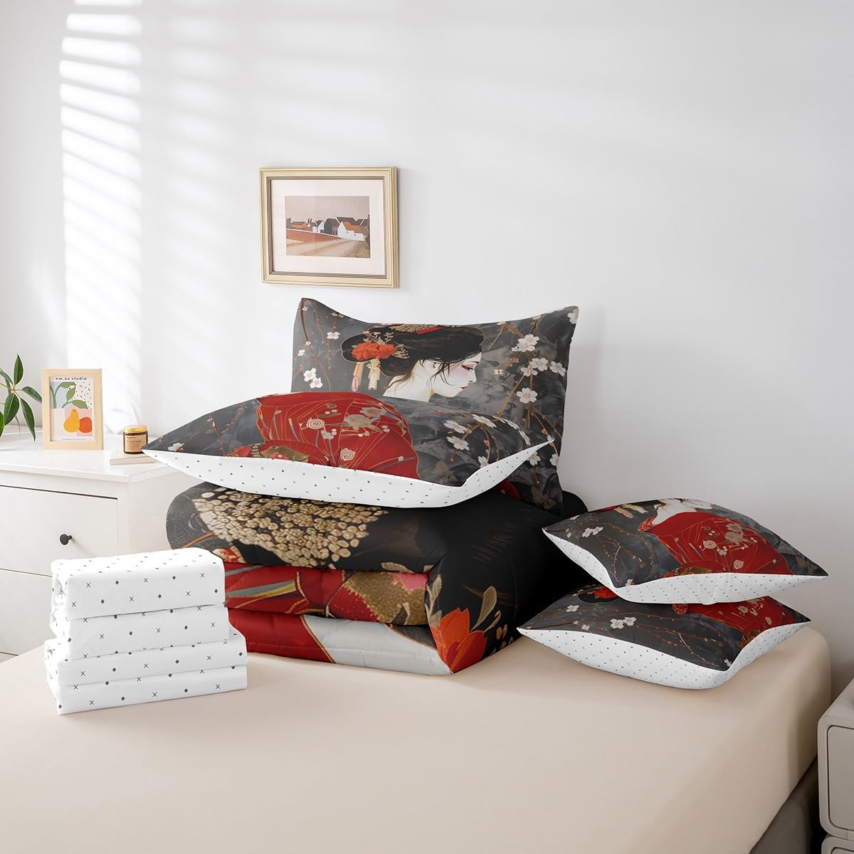 Feelyou Kids Japan Geisha Comforter Set Twin Size 7 Pieces Cherry Blossoms Bedding Set Japanese Style Japanese Tradition Aesthetic Bed in a Bag with Comforter, Sheets, Pillowcases & Cushion Cover