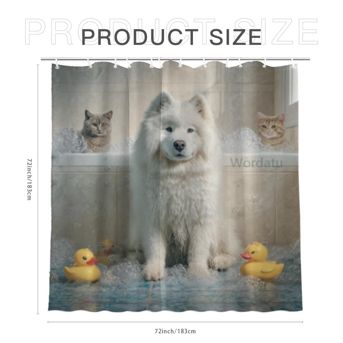 Wordatu Samoyed Shower Curtain Bathroom Set 72X72 Inches Funny Cat Lovely Animals in Bathtub for Boys Bath Farmhouse Art Home Decor Fabric 12 Hooks