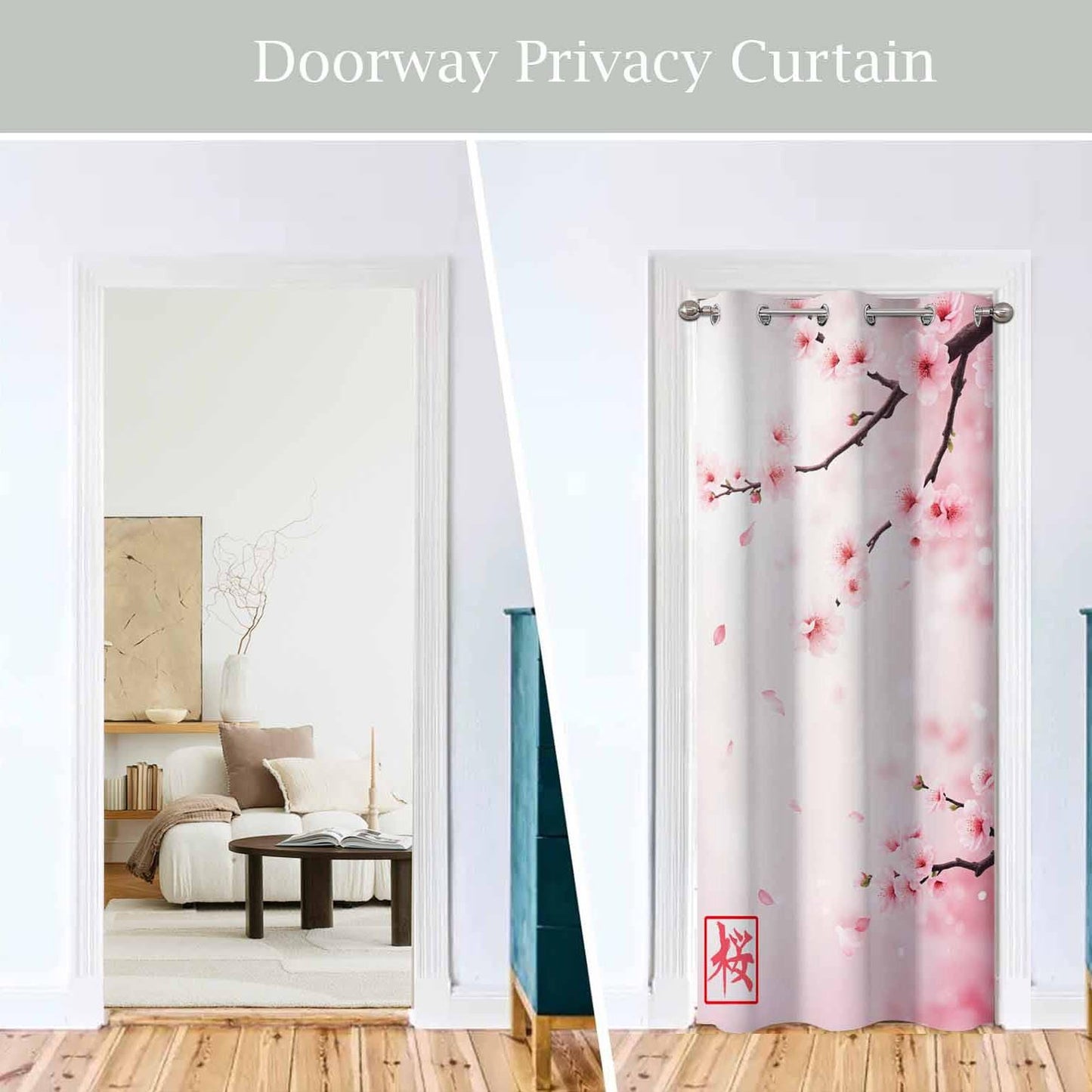 Haciadan Pink Floral Sliding Door Curtain Japan Cherry Branch Blooming Flowers Doorway Curtain 1 Panel 34" W X 80" L Door Drape for Kitchen Restaurant