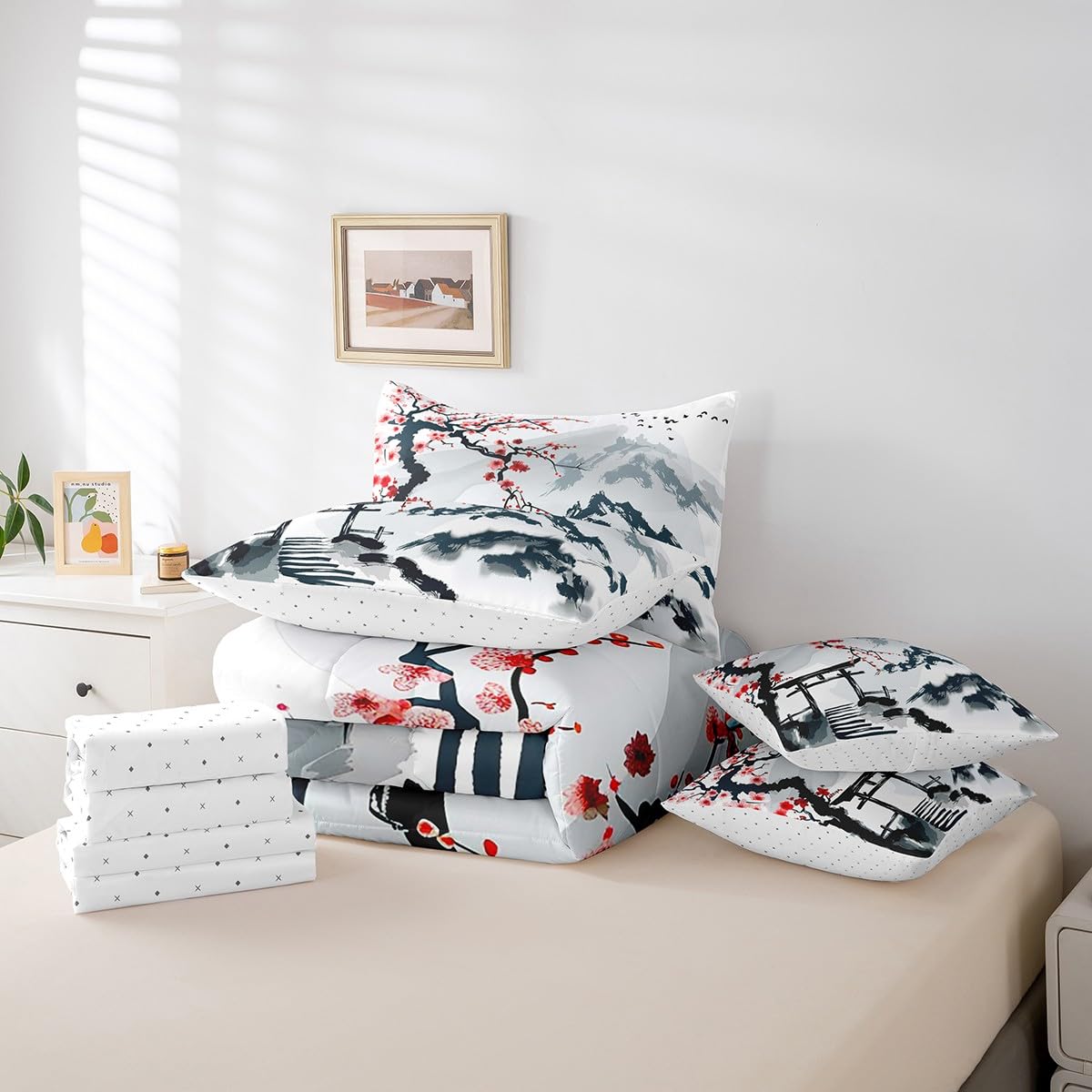 Erosebridal 7 Piece Red Cherry Blossoms Bed in a Bag Full,Chinese Ink Painting Style Sheet Set Romantic Themed Bedding with Comforter Winter Theme Floral Print Cushion Covers Botanical Flowers Bed Set