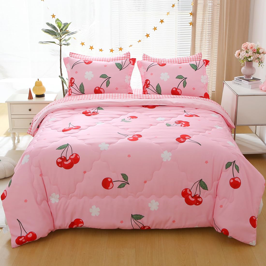 Gusuhome Girls Cherry Comforter Bedding Set Twin Size 7 Piece Pink Oriental Cherry Comforter Set Bed in A Bag for Kids Teens All Season (Comforter,Flat Sheet,Fitted Sheet and Pillow Sham)