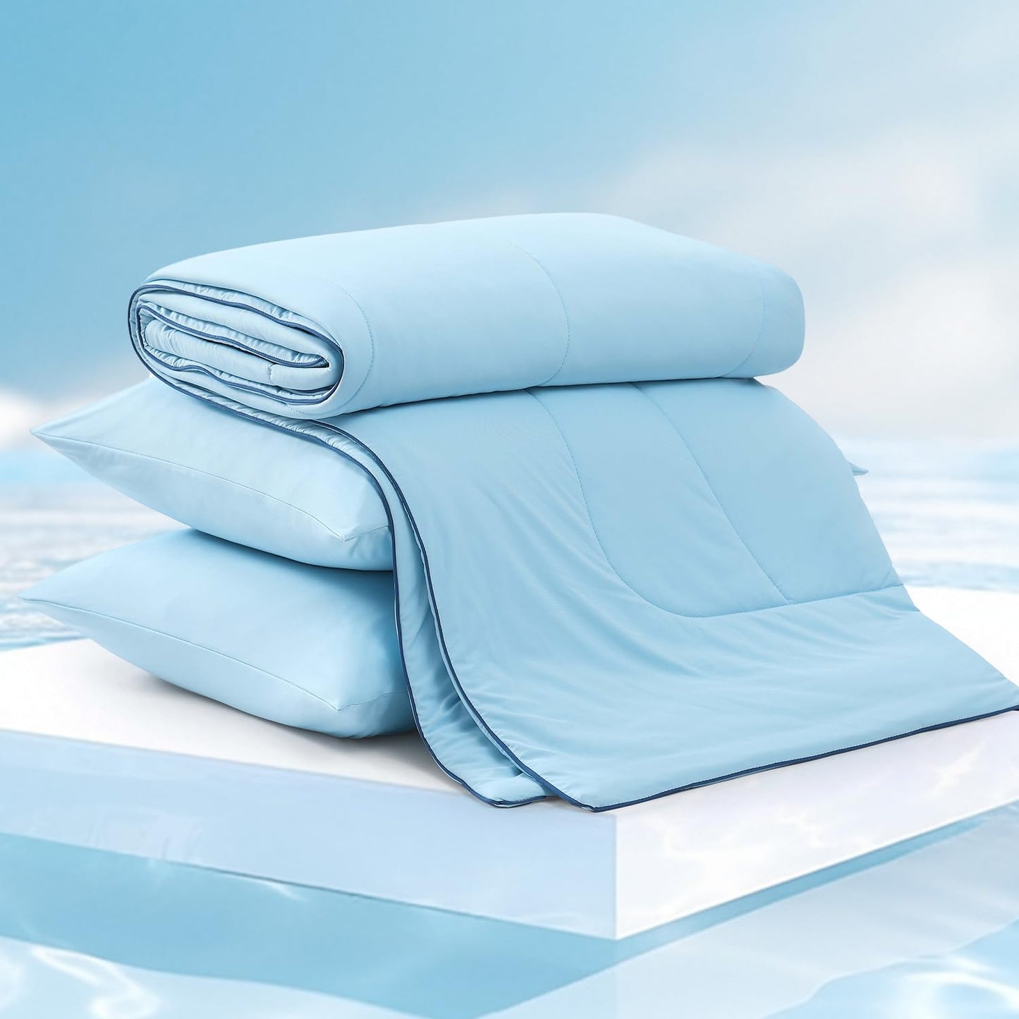 Monbix ChillChilla Cooling Comforter Queen Size-3 Pieces Cooling Blankets for Hot Sleepers and Night Sweats, Double-Sided Summer Queen Comforter Set, Breathable Lightweight Blanket Blue