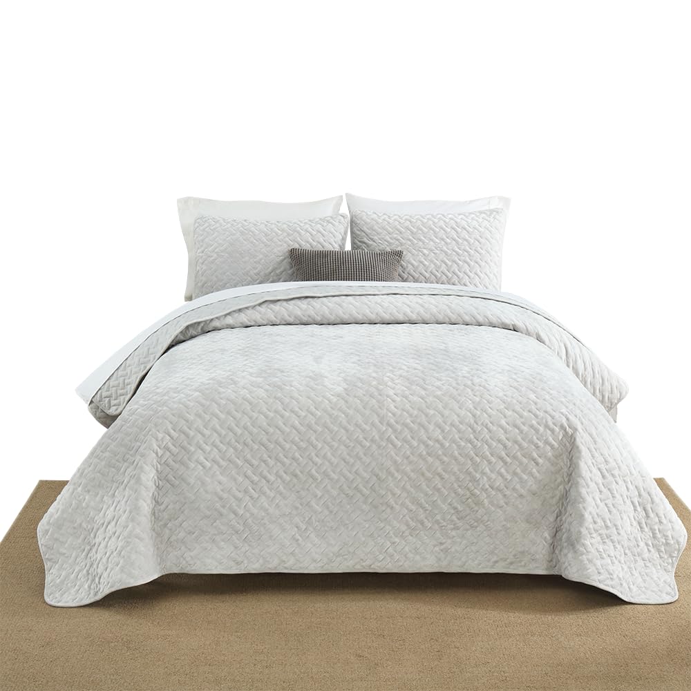 Liians Velvet Bedspread Quilt Bedding Sets,Luxury Elegant Ultra Soft Velvet Comforters Coverlet Blankets,Weave Stitching Pattern Cotton Quilted Bedspread for All Seasons,Beige,King Size