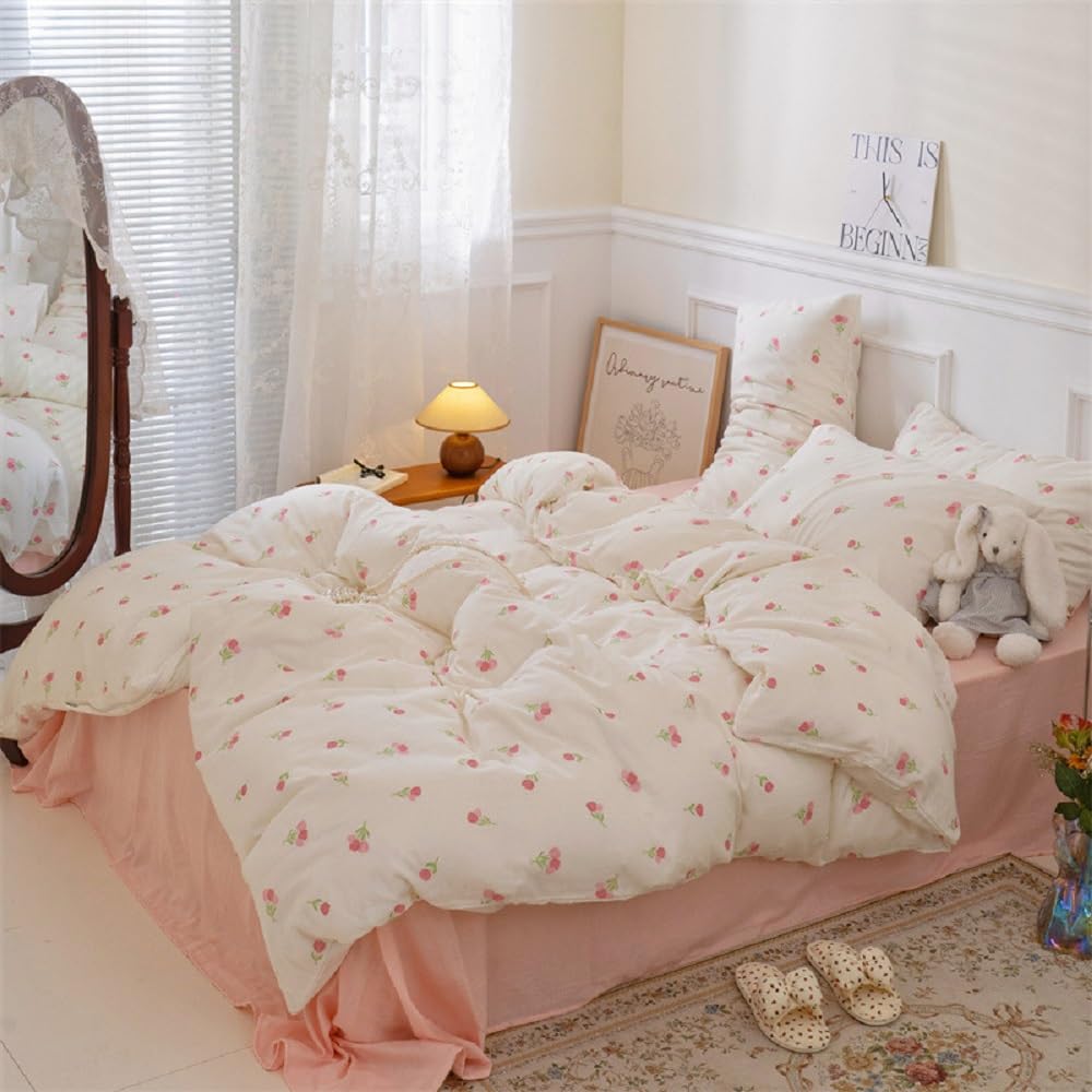 Erwinmu Floral Comforter Set King Size - 3 Pieces Pink White Floral Comforter Bedding Sets Tulips Pattern,King Bed in a Bag with Heart Comforter and 2 Pillowcases