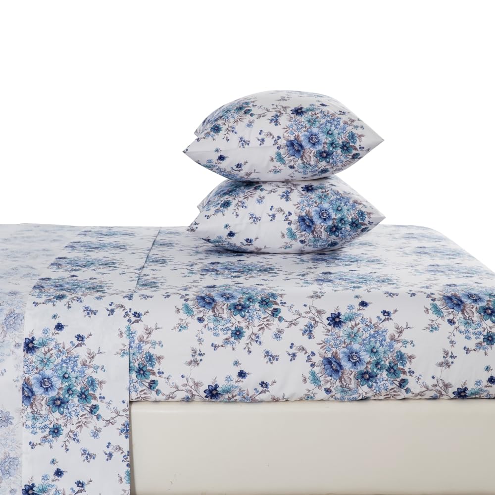 DAUAOTO King Size Printed Sheets Set, 100% Cotton Bedding Sets, Up to 14" Deep Mattress, Floral Pattern Bedlinen Set, French Blue