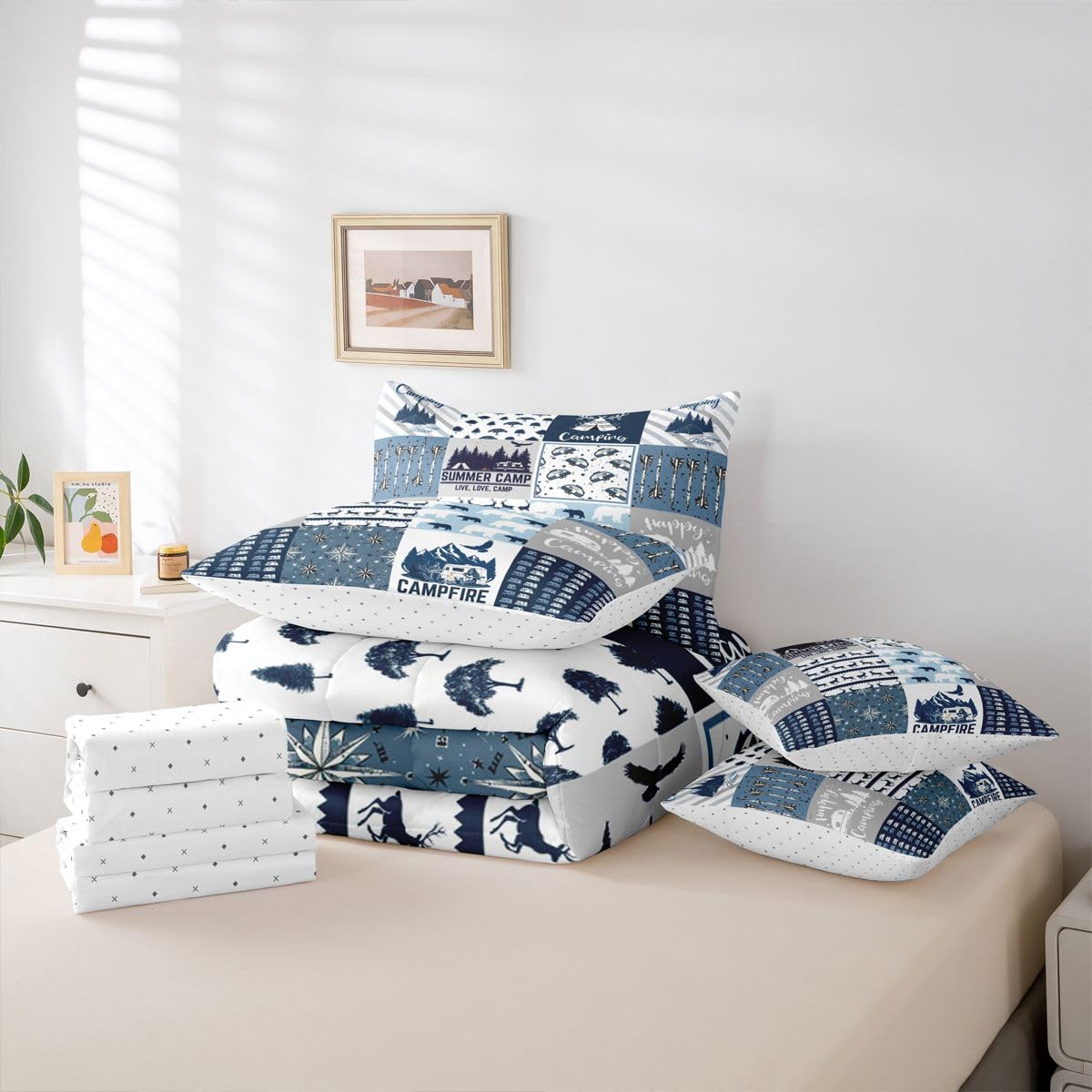 Erosebridal Happy Camping 7 Piece Bedding Set Full Camper Comforter Set with Sheets Rustic Farmhouse Style Bed in A Bag Camping Car Bed Sets with 2 Pillowcases, 2 Throw Pillow Covers