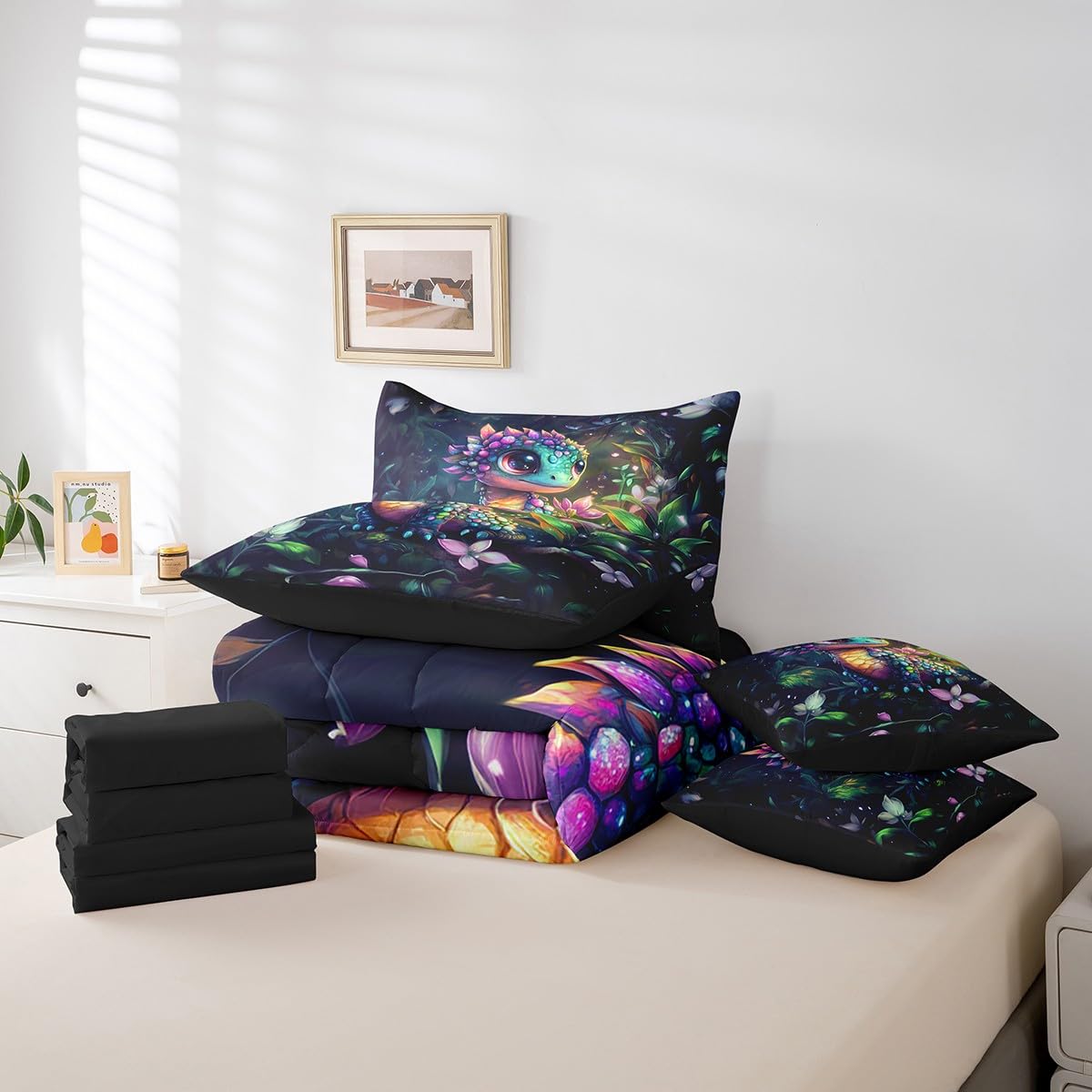 Feelyou Dragon Comforter Set with Sheets Twin Size Dragon Stuff Bed in a Bag for Boys Girls Teens Wild Life 7 Pieces Bedding Set Flower and Grass Bed Set Room Decor Balck Green