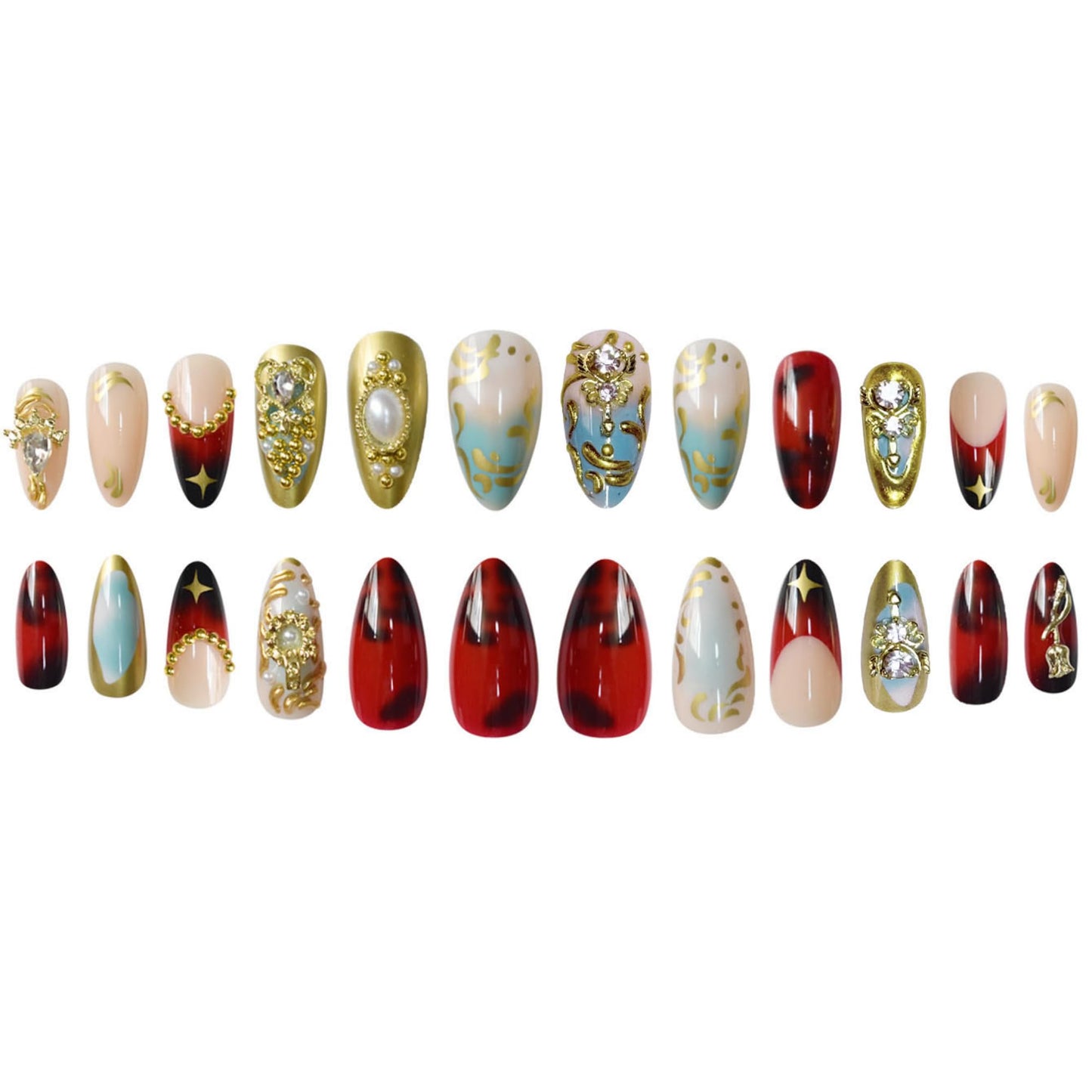 SEENEEY Almond Press on Nails Medium Fake Nails Gold Artificial Nail with Rhinestones and Gold Charm Designs French Tip Sparkly Stick on Nail for Women 24pcs