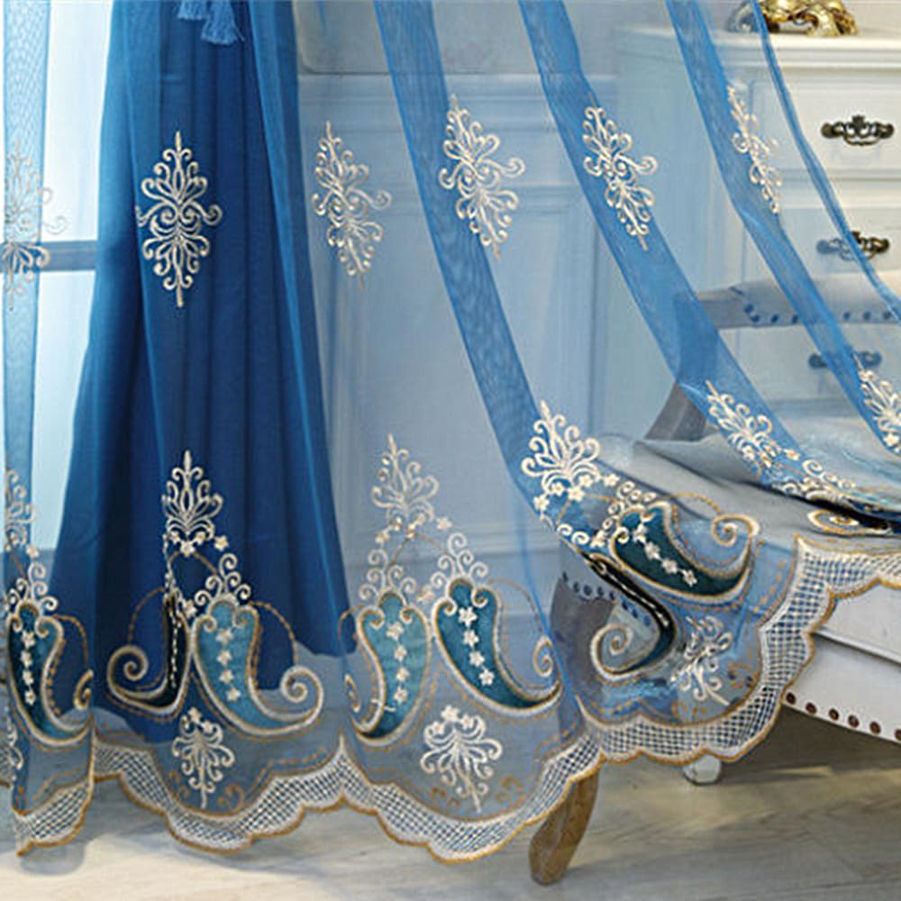 Amidoudou 1 Pair European Double Layer Curtains with Valances for Living Room Bedroom Luxury Embroidered Curtains (Blue,63x84 Inch)