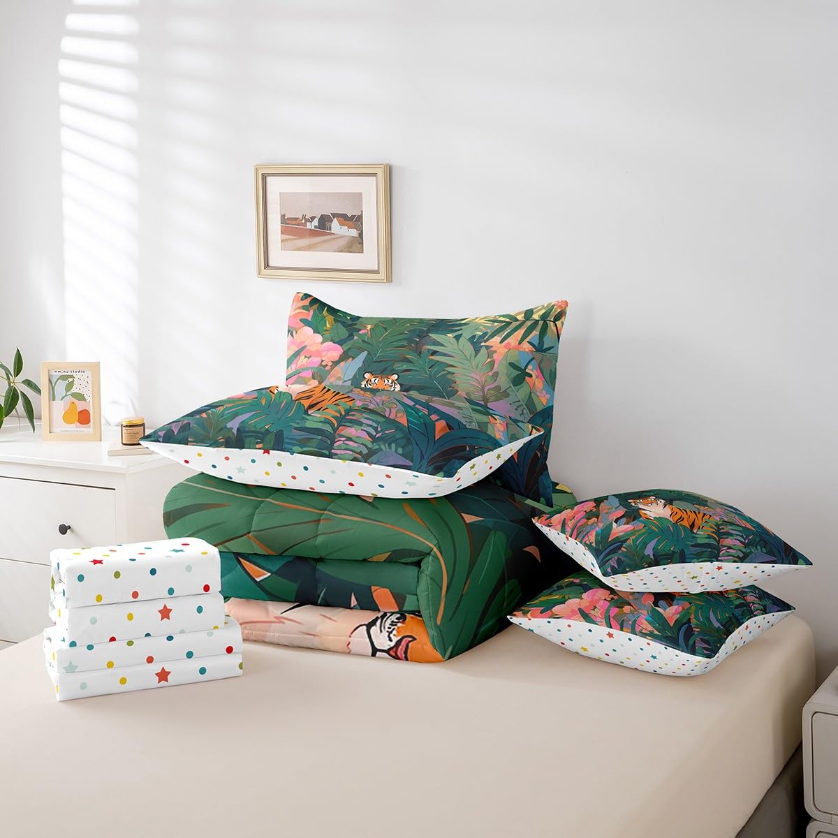 Erosebridal African Tiger Bedding Set King Size, Safari Animal Wildlife Comforter Set, Palm Tree Leaves Kids Teens (Comforter+Fitted+Flat Sheet+2 Pillowcases+2 Throw Pillow Covers) 7 Pieces Bed Set