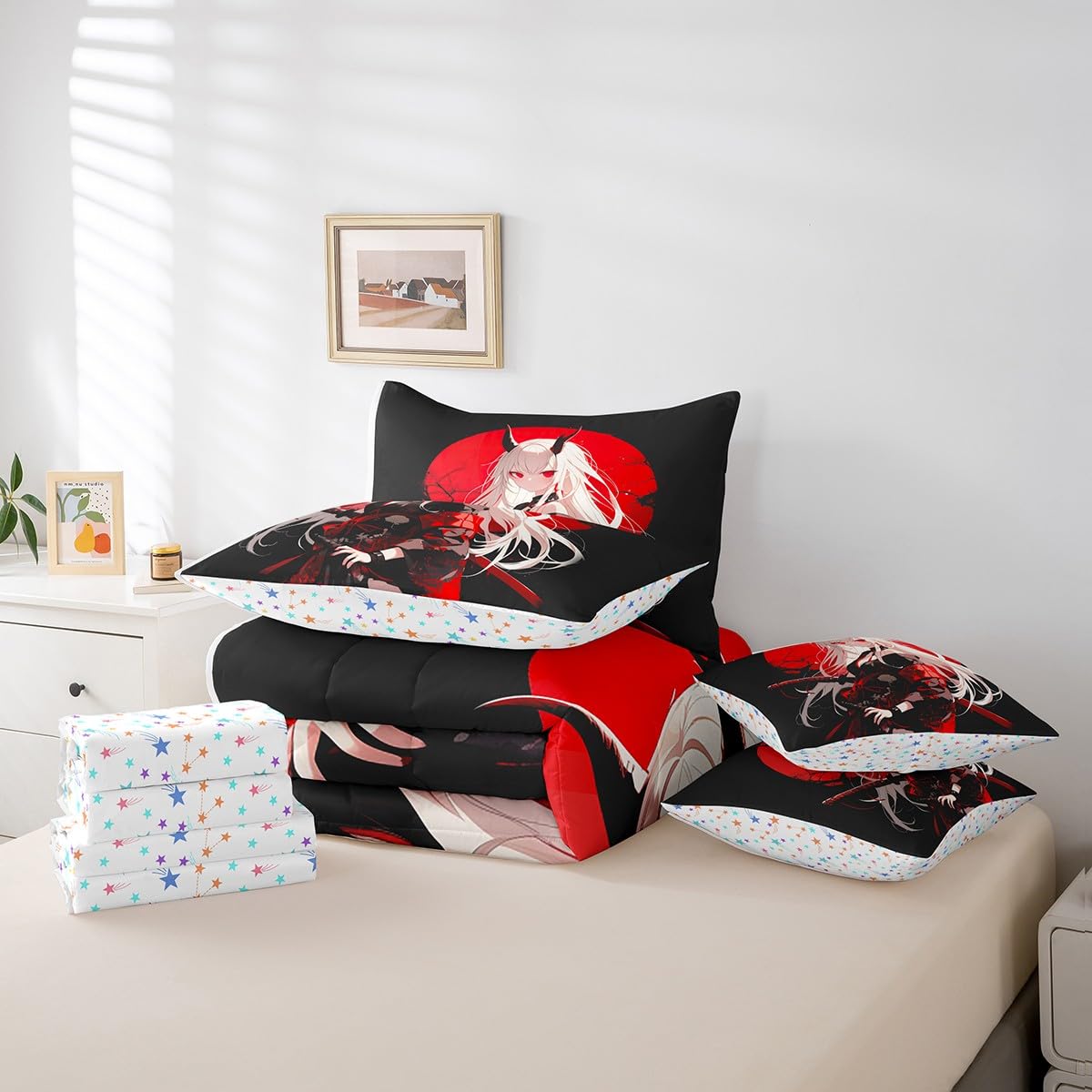 Erosebridal Twin Japanese Anime 7 Piece Comforter Set for Kids, Anime Girl Bed in A Bag Kawaii Japanese Style Bedding Set Cartoon Japan Animation Bed Set for Boys Teen Adult Women Bedroom