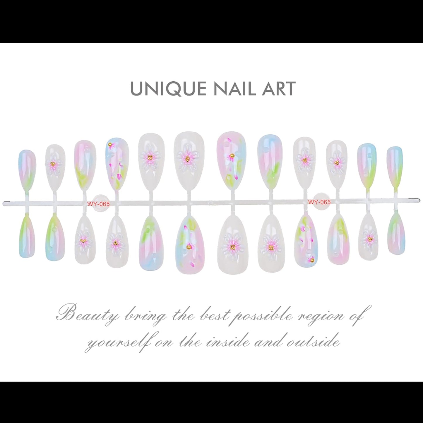 24Pcs Cute Flower Press on Nails Medium Almond Fake Nails Spring Summer Nail Art Handmade Gradient Stick on Nails Glossy Full Cover Artificial Nails for Women DIY Nails Decoration Daily Wear