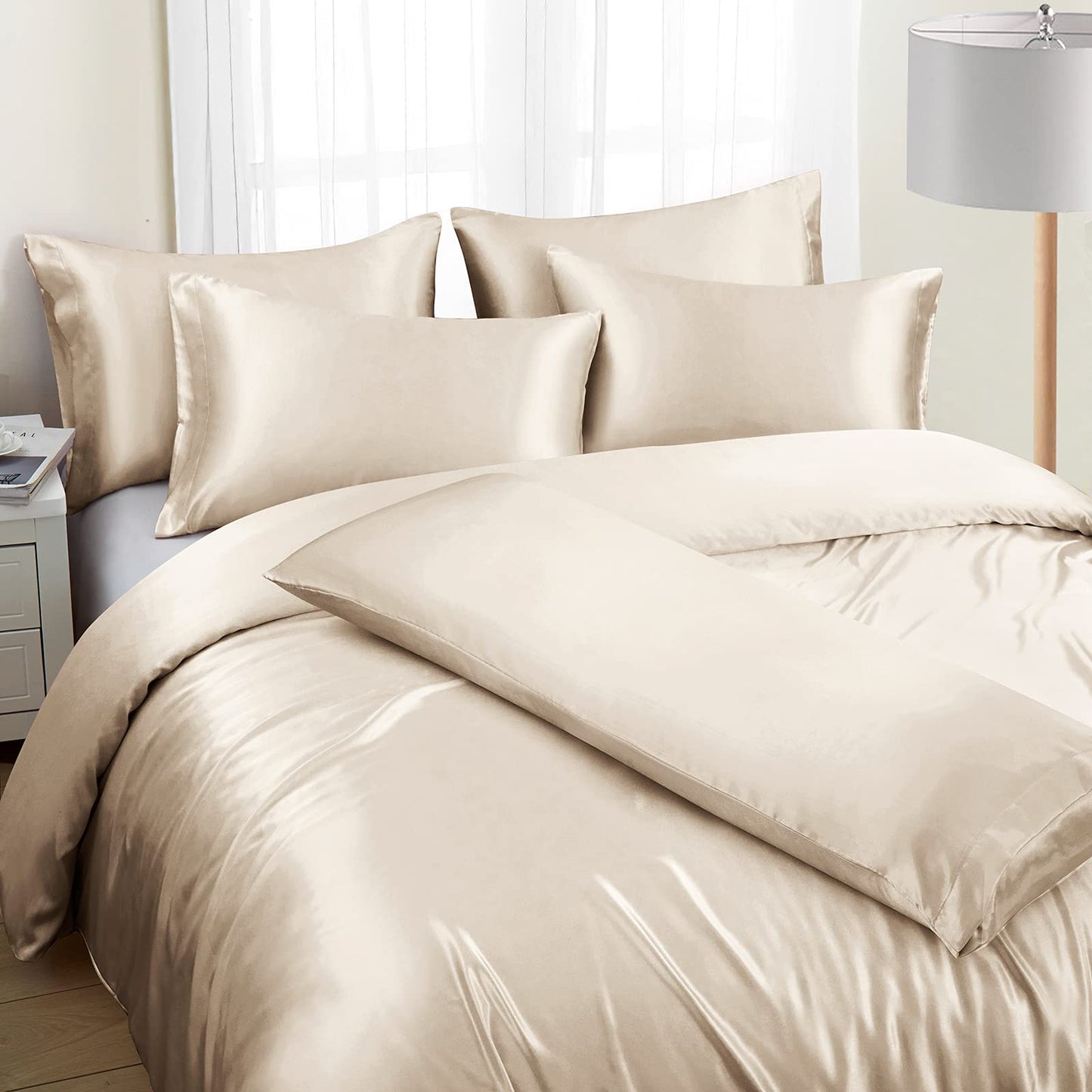 Ersmak 6 Pieces Satin Duvet Cover King Size Luxury Silky Bedding Duvet Cover Set with 1 Soft Duvet Cover, 4 King Pillowcases and 1 Body Pillowcase, Beige