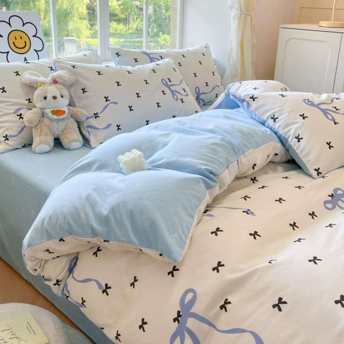 Sedefen Blue Bow Duvet Cover Queen Size Black Bowknot on White Duvet Cover 3 Pieces Kids Boys Girls Cute Bows Printed Princess Style Bedding Set with 2 Pillowcases Soft Microfiber