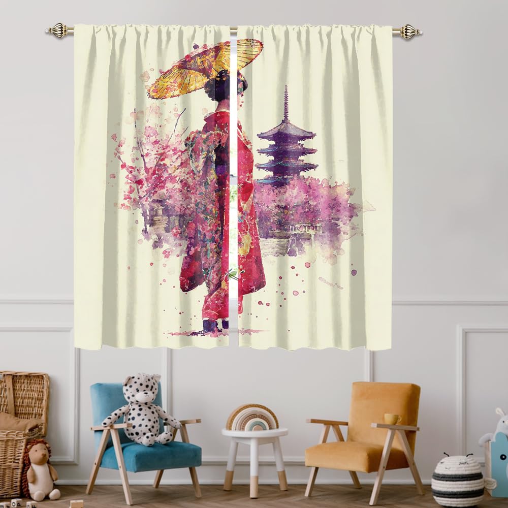XSUPFLYM Fantasy Retro Japanese Geisha Window Thermal Curtain for Living Room Beautiful Ink Painting Japanese Plant Cherry Blossom Blackout Curtains for Bedroom 2 Panels Each 21" W x 45" L