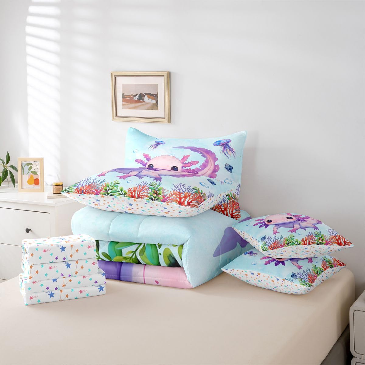 Erosebridal Coral Axolotl Blue Purple Ombre Girls 7 Piece Bedding Set Twin | Kawaii Cartoon Comforter Set with Sheets Ocean Sealife Cute Bed in A Bag Salamander Bed Sets