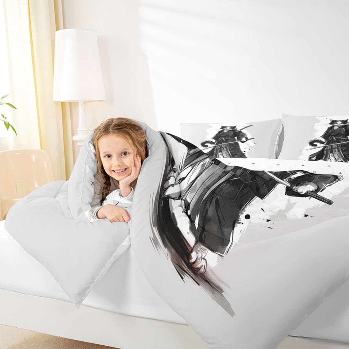 jejeloiu Samurai Comforter Set All Season Japanese Ukiyoe Bedding Set with 2 Pillow Cases Cat Microfiber Kids Queen Bedclothes Animal Bedroom Decor Duvet Quilt Breathable Soft Lightweight