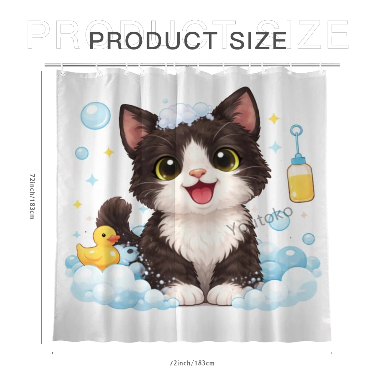 Youtoko Funny Tuxedo Cat Bathroom Decor Shower Curtain 72x72 Inch with 12 Hooks Cute Farm Animal Bubble Bath Rubber Duck Waterproof Washable Polyester