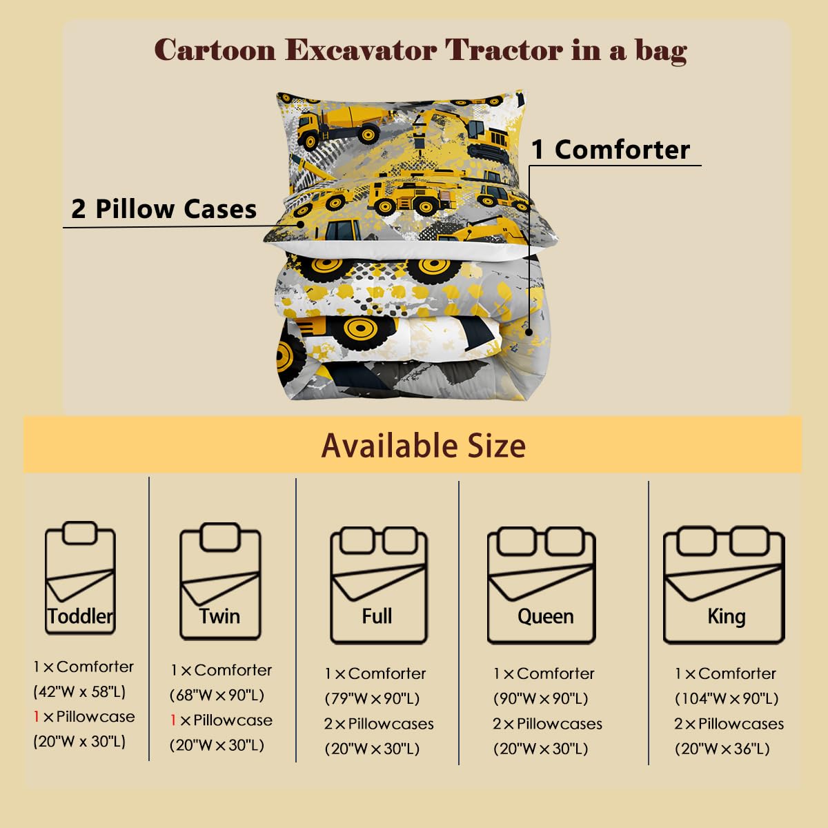 Feelyou Kids Construction Comforter Set Twin Bedding Sets for Boys Toddler Children Cartoon Cars Excavator Tractor Comforter Set Construction Machinery Truck Duvet Set Cars Bed Set with 1 Pillow Case