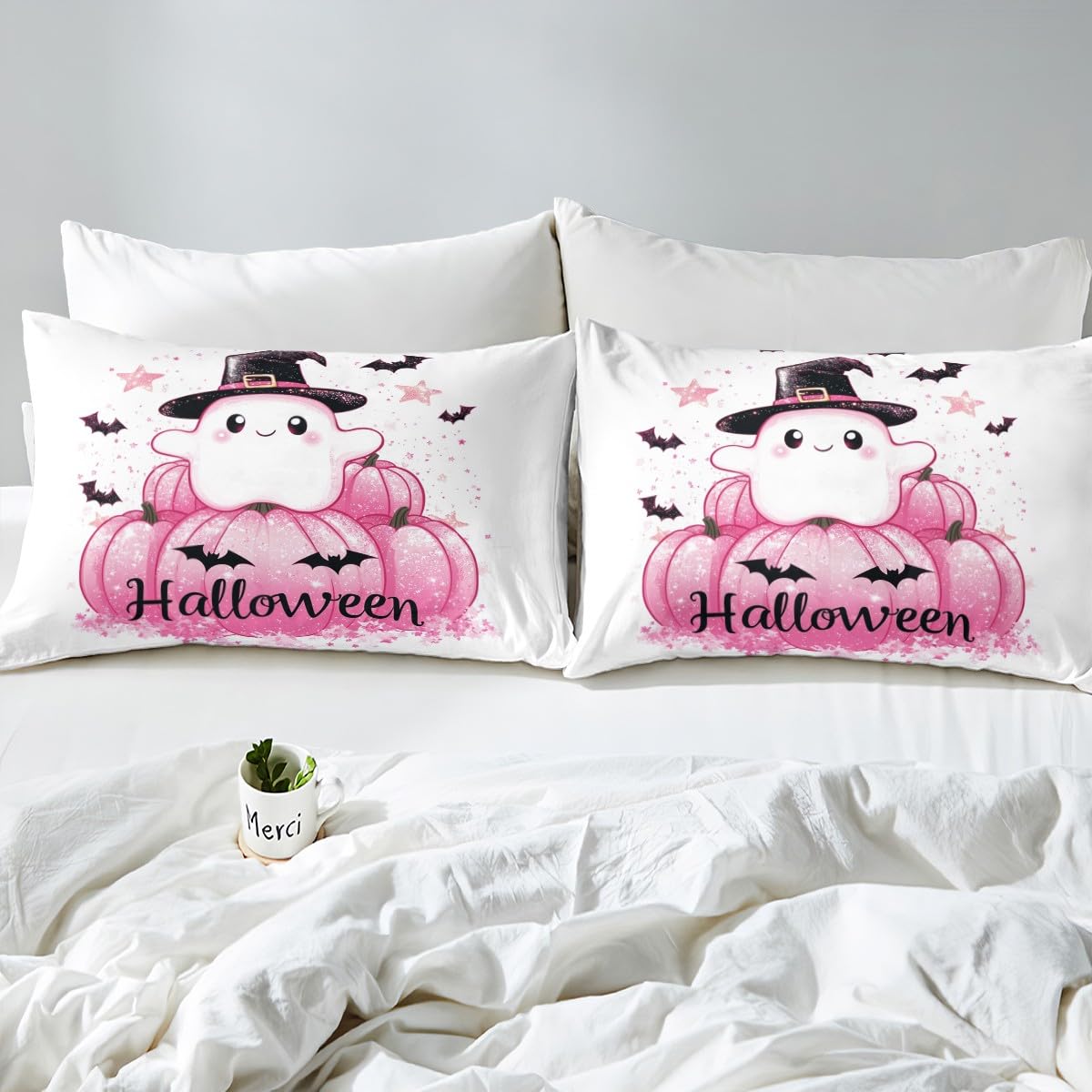 Feelyou Kids Halloween Bedding Set Full Size, Cute Ghost Bed Sheet Set Boys Girls Pink Pumpkin Fitted Sheet Black Bat Teens Bedroom Decor Bed Set 3Pcs (No Flat Sheet)