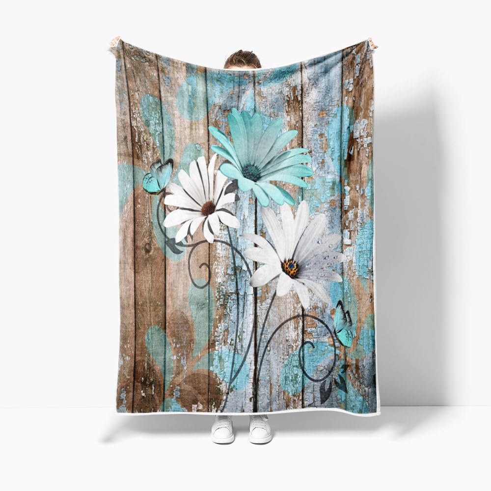 JAWO Farmhouse Flower Floral Throw Blanket, Rustic Teal Turquoise Daisy Fleece Cozy Warm Bed Couch Blanket, Country Blue Fleece Flannel Throws to Decorate the Room and Bedroom Warm Blanket 50X60IN