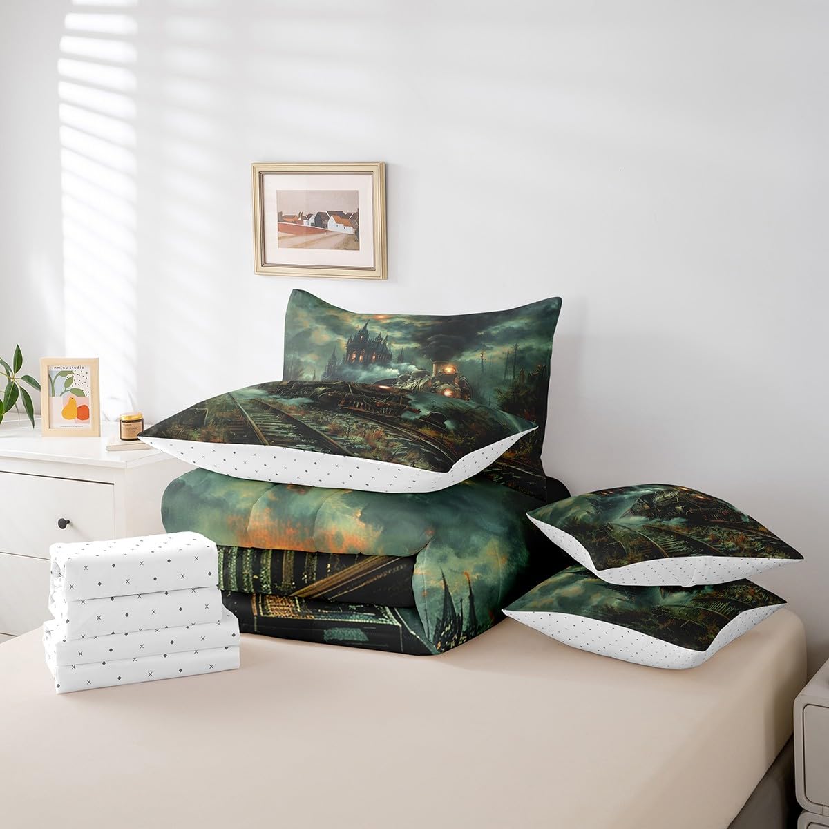 7 Pieces Twin Size Retro Train Comforter Set,Steam Locomotive Train Bedding Set for Boys Girls,Trippy Castle Jungle Halloween Theme (Comforter+Fitted+Flat Sheet+2 Pillowcases+2 Throw Pillow Covers)
