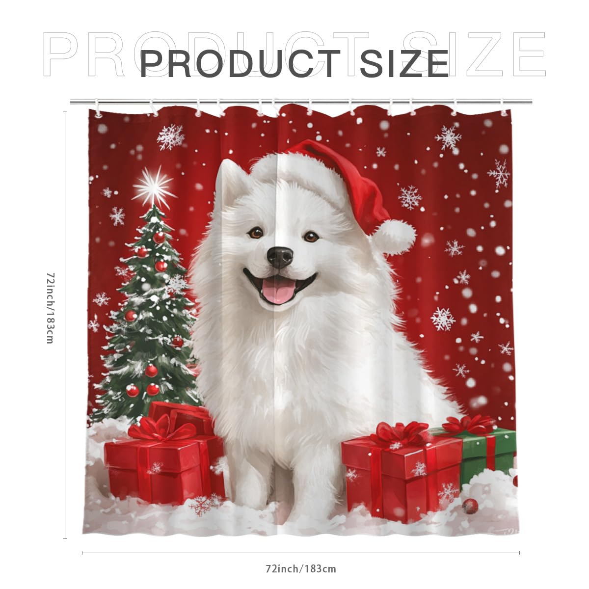 KEEPAEON Christmas Shower Curtain Samoyed Shower Curtains with 12 Hooks Waterproof Red Curtain for Bathroom,Bathtub Decor Shower Curtain Set 72x72 Inch