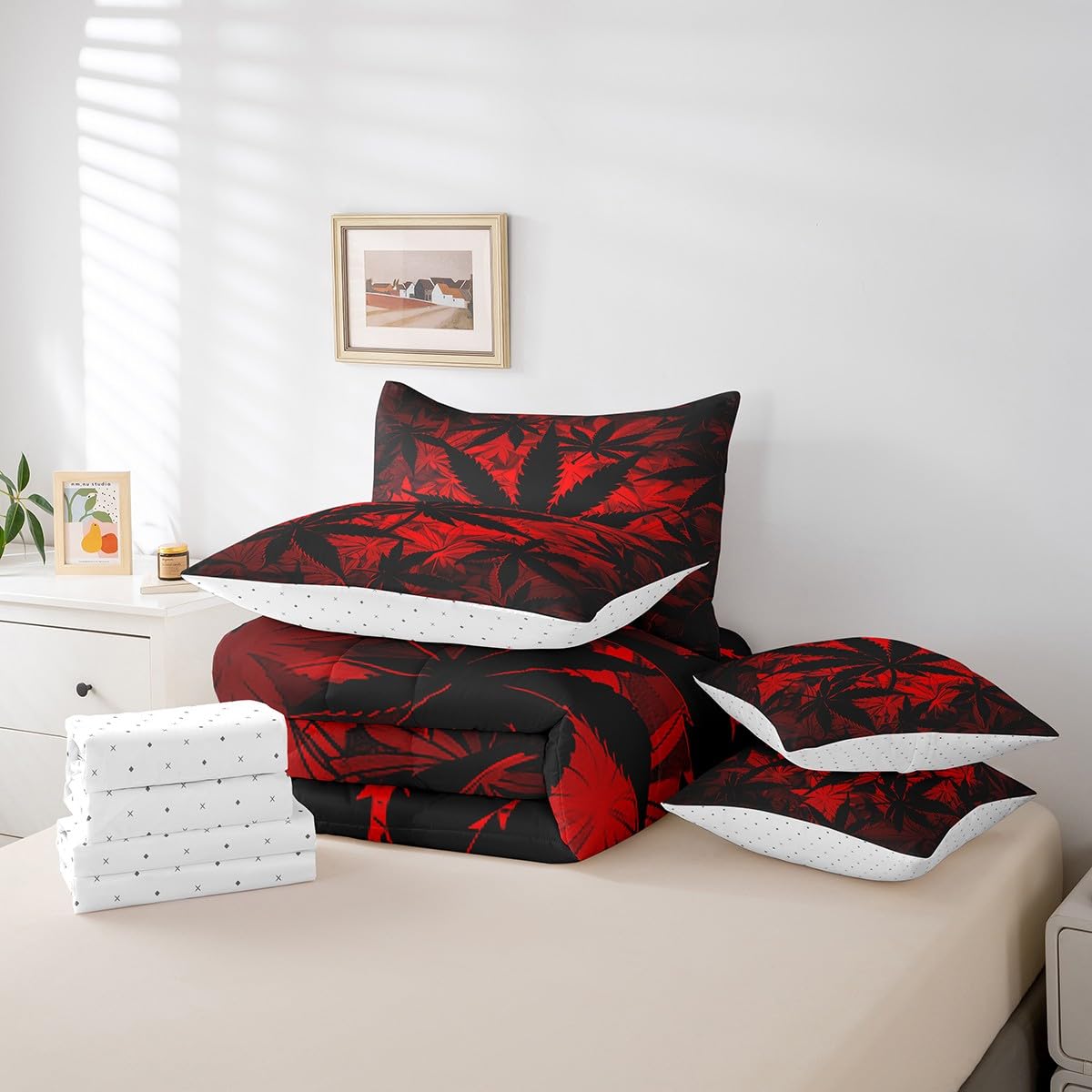 Erosebridal 7 Pcs Leaf Comforter Set - Twin Size, Neon Bed in a Bag with Flat Fitted Sheet for Kids and Adults, Leaf Bedding Set with Pillowcases and Cushion Cases