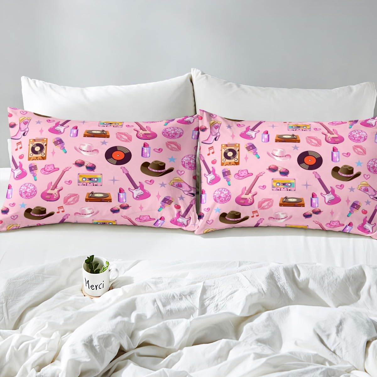 jejeloiu Girls Music Bed Sheets Pink Guitar Cat Western Cowgirl Bedding Set Full Size Fashion Women Singer Bed Cover Pink Room Decor Lightweight Deep Pocket Fitted Sheet (No Top Sheet)