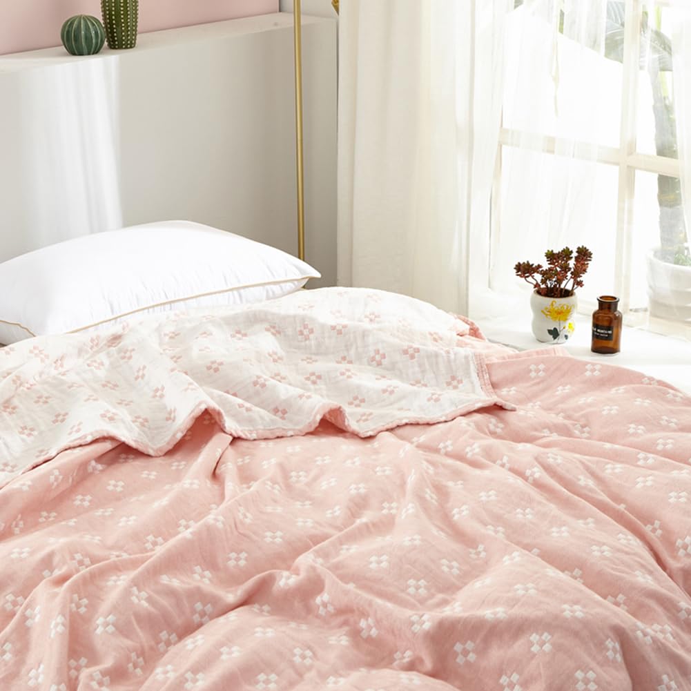 SHSYCER 2 Layer Cozy Lightweight Muslin 100% Cotton Blanket for Bed, Couch & Sofa, Summer Bedding Coverlet with Pattern,Pink,Twin 59''x78''
