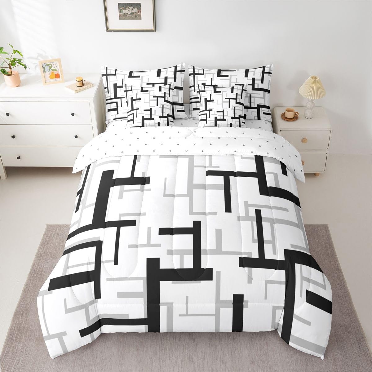jejeloiu Geometric Comforter Set King Size 7 Pieces Black White Geometrical Bedding Set for Kids Boys Girls Stripe Line Bed in a Bag with Comforter, Sheets, Pillowcases, Cushion Covers Bedroom Decor